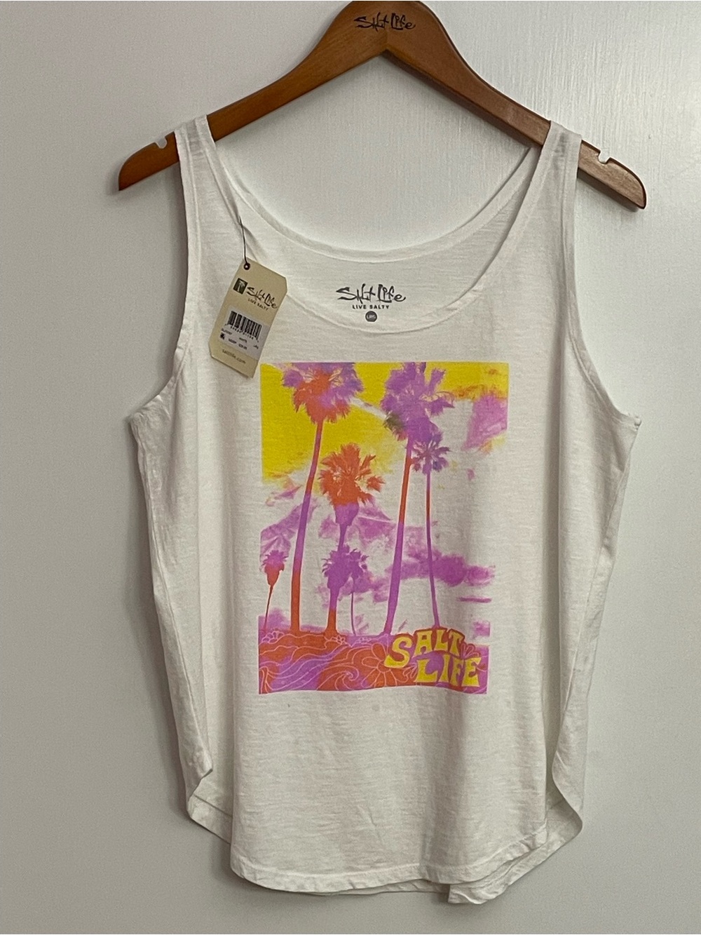 Salt Life White Tank with Pink & Yellow Palm Graphic - Picture 4 of 6
